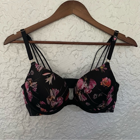 Victoria Secret Very Sexy Satin Plunge Push Up Bra Black Floral Size 34D - Picture 2 of 7